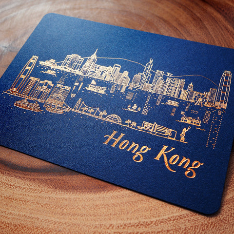 hong kong skyline - night - gold foil postcard