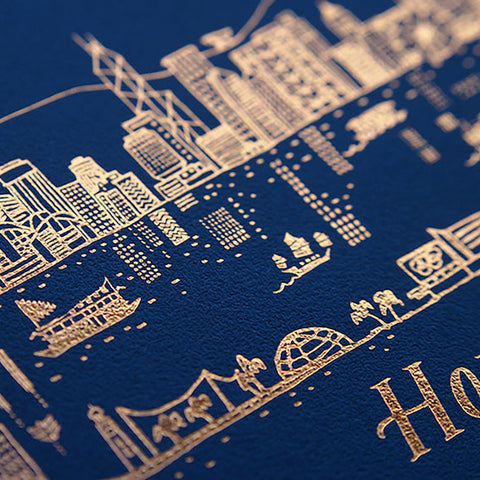 hong kong skyline - night - gold foil postcard