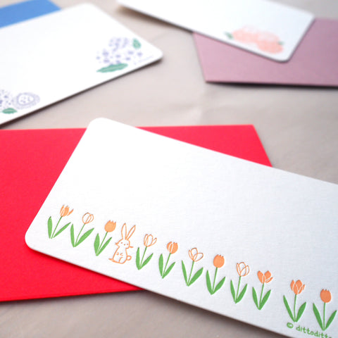 rabbit & tulips - letterpress mini card